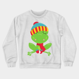 Winter Frog, Cute Frog, Green Frog, Hat, Scarf Crewneck Sweatshirt